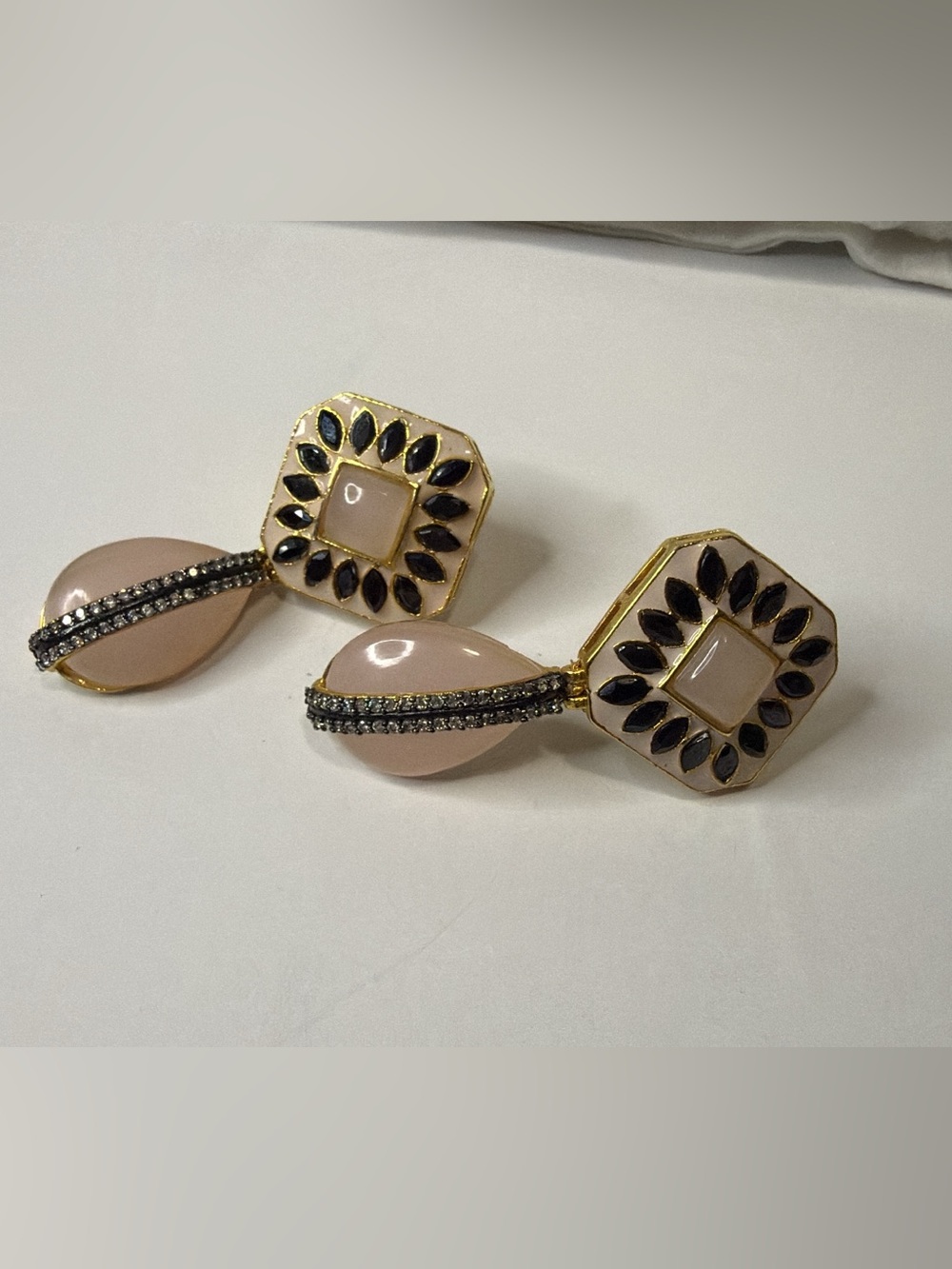 Gold and Blush Stone Drop Earrings with Black Accent